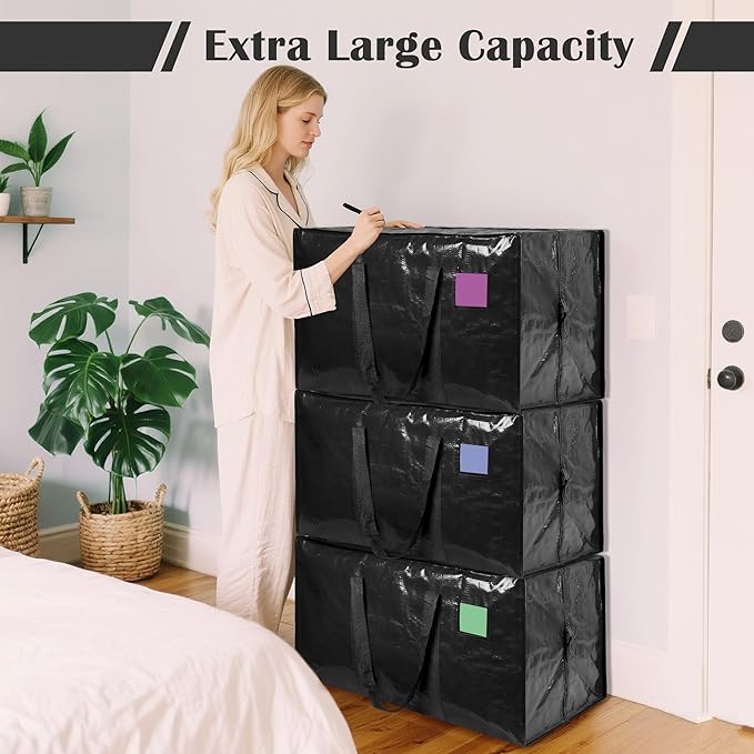 6 Pack Moving Bags with Full-Open Side Zipper, Extra Large 93L Heavy Duty Waterproof Foldable Storage Totes for College Dorm,