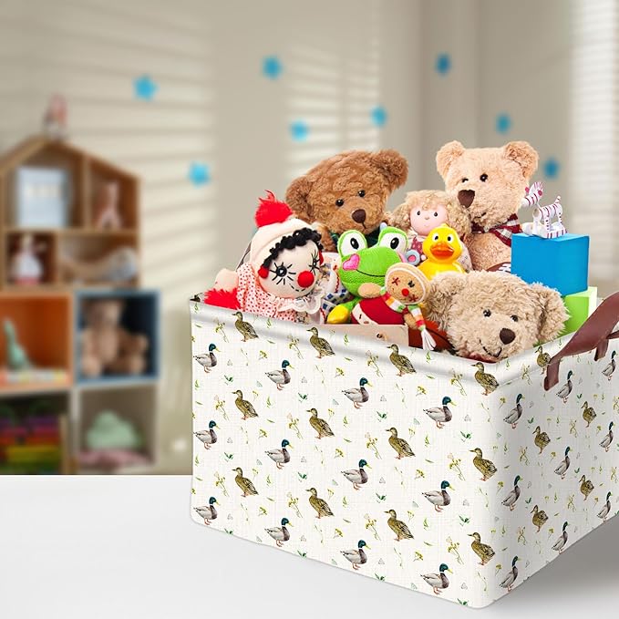 Cute Mallard Duck Storage Basket Waterproof Canvas Toy Storage Bin Mallard Duck Room Decor Collapsible Outdoor Basket with Le
