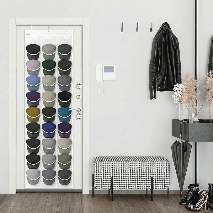 Unjumbly Baseball Hat Rack, 24 Pocket Over-The-Door Hat Organizer with Clear Deep Pockets to Display Baseball Caps Collection