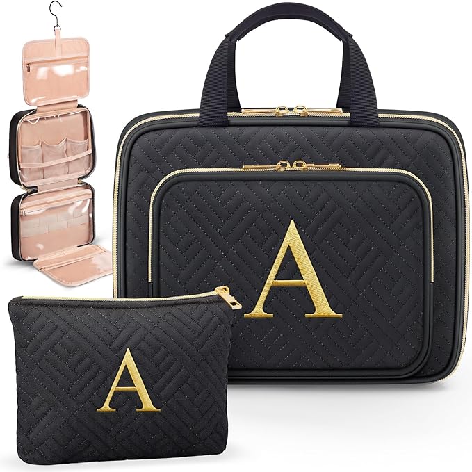 Gifts for Women, Initial Toiletry Makeup Bag Hanging Cosmetic Organizer with Embroidery Letter Personalized Nurse Teacher App