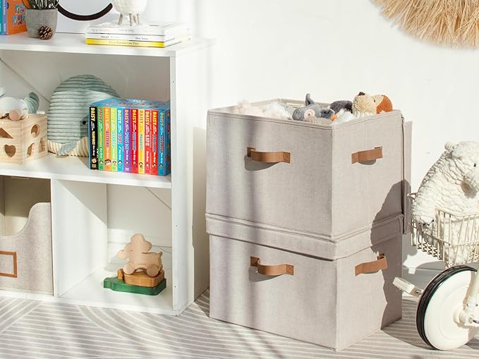 StorageWorks Fabric Storage Bins with Lid, Decorative Storage Boxes for Shelves, Stackable Closet Organizer Basket with Handl