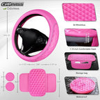 CAR PASS 3D Rhombus Pink Leather Steering Wheel Cover Car Accessories Set, Center Console Armrest Cushion with Storage Bags 2 Non-Slip Cup Coasters, 14.5-15in Cute Car Interior Sets, 4 PCS Hot Pink