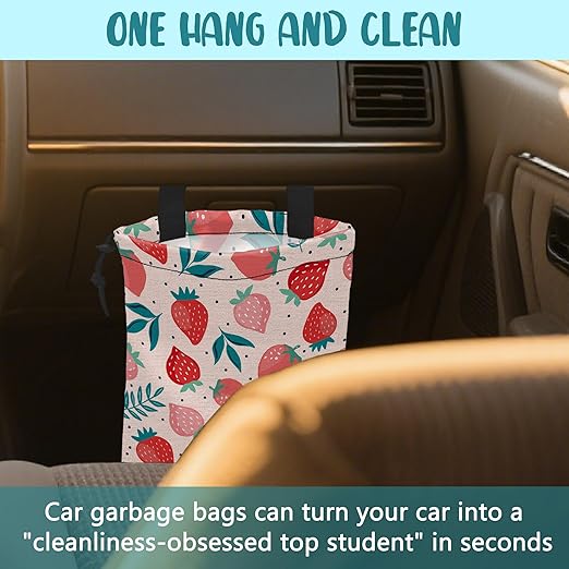 Car Garbage Bag Strawberry Berries and Leaves Hanging Canvas Car Trash Bag Waterproof Drawstring Car Back Seat Organizer for Car Back Front Seat Console with Adjustable Buckle