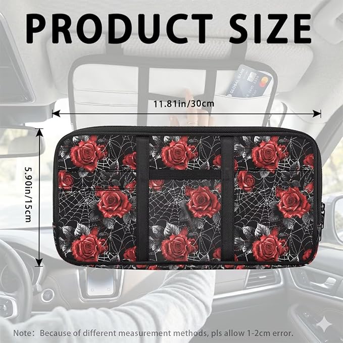 Car Sun Visor Storage Bag,Rose Pattern Auto Interior Accessories Pocket Organizer, Multi-Pocket Visor Organizer Storage Pouch Fits Most Vehicles
