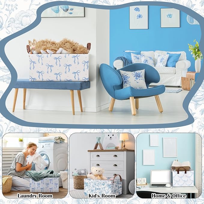 Boao 3 Pcs Blue Bow Storage Bin Collapsible Large Storage Baskets for Gifts Empty Candy Holiday Decor Canvas Laundry Basket F