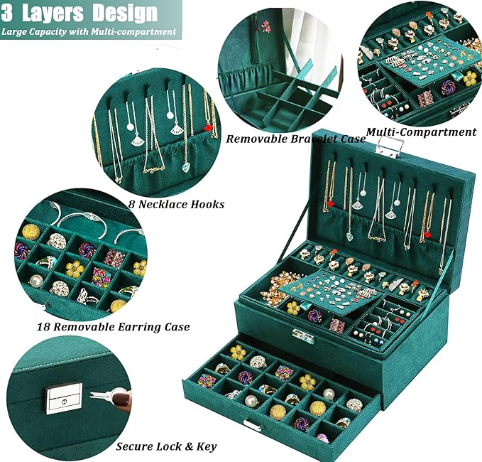 QBestry Jewelry Box for Women with Drawer, 3-Layer Large Jewelry Organizer with Lock & Key, 8 Necklace Hooks & 56 Earring Hol