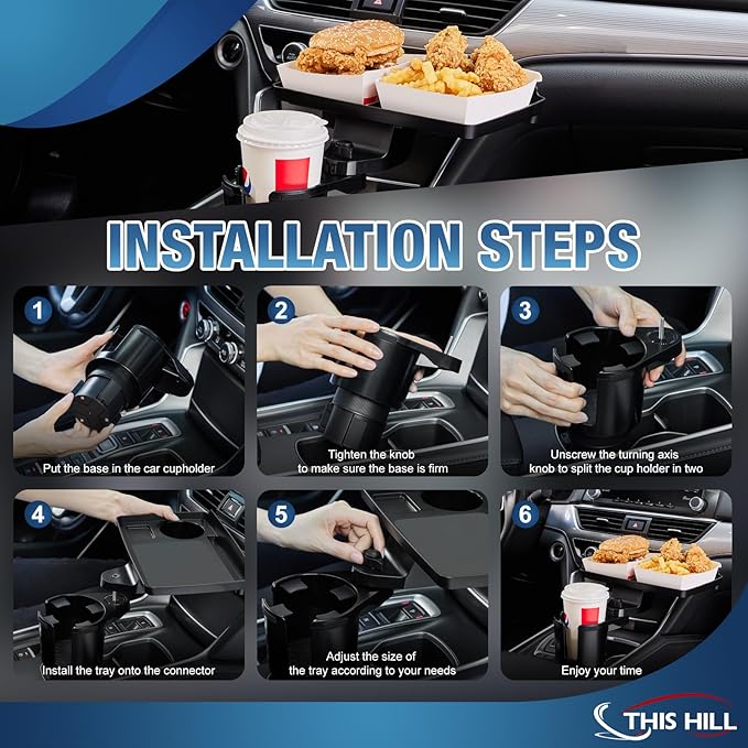 This Hill Cup Holder Tray for Car, 2 in 1 Detachable Car Food Table Tray with Solid Base & Phone Slot,Car Cup Holder Expander