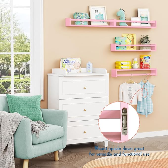 Forbena Large Pink Kids Book Shelves for Girls Room Wall Set of 4, Floating Nursery Book Shelf for Baby Girl Deocr, 24 Inches