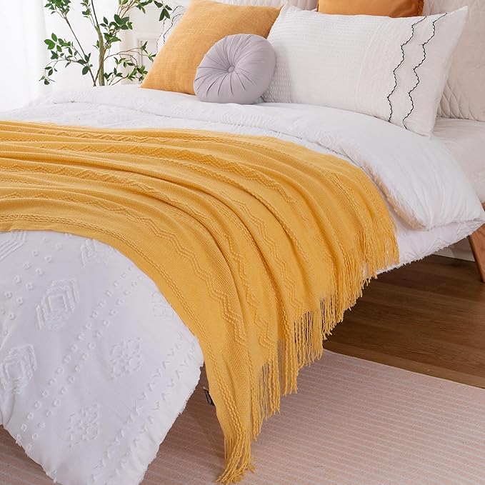 BATTILO HOME Mustard Throw Blanket with Fringe Geometric Bed Yellow Throws Summer Breathable Decorative Large Throw for Couch