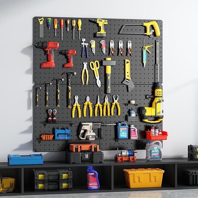 Peg Board,Total 32” x 32”, 68PCS Heavy Duty Metal Pegboard with Hooks, 4 Pack Black Peg Board Panels, 50lbs Load Capacity Eac
