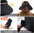 Sun Visor Hat for Women, Wide Brim Straw Summer UV Protection Hat, Foldable Roll-up Packable Beach Cap