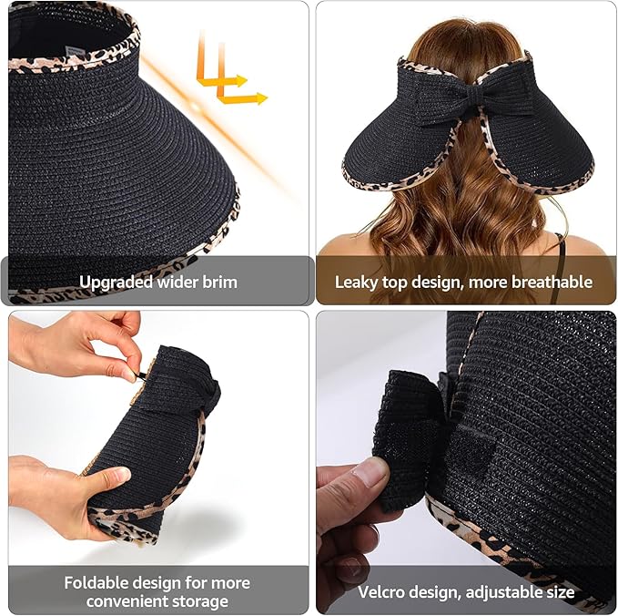 Sun Visor Hat for Women, Wide Brim Straw Summer UV Protection Hat, Foldable Roll-up Packable Beach Cap
