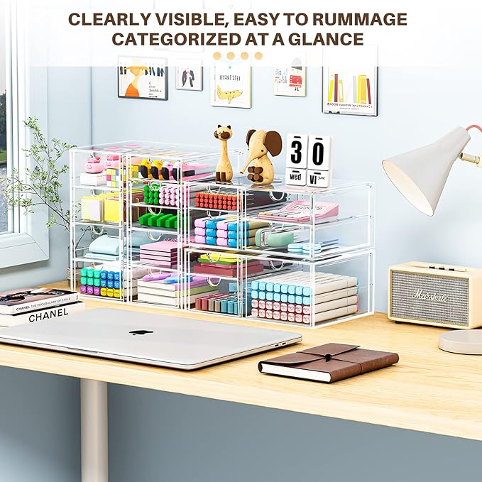 Makeup Organizer Storage with 16 Drawers, 4 Pcs Desktop Office Supplies, Desk Organizers, Clear Accessories, Dustproof Storag