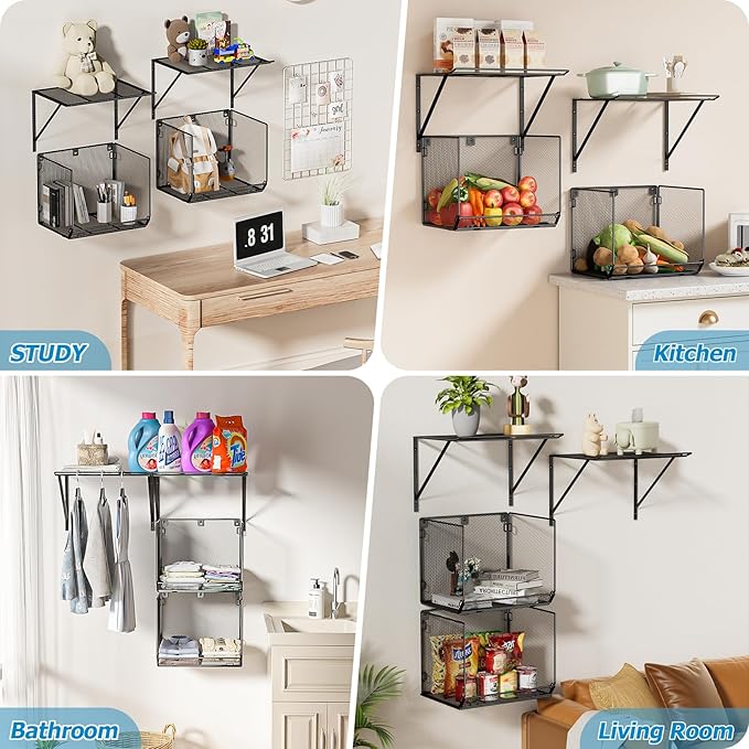 2 Pack Laundry Room Shelves Organization and Storage,Wall Mounted Clothes Drying Rack with Wire Mesh Basket Over Washer and D