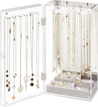Lolalet Necklace Holder Organizer, Acrylic Jewelry Organizer with 24 Hooks, Rotating Clear Necklaces Display Box with Built-i