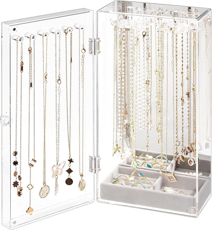 Lolalet Necklace Holder Organizer, Acrylic Jewelry Organizer with 24 Hooks, Rotating Clear Necklaces Display Box with Built-i