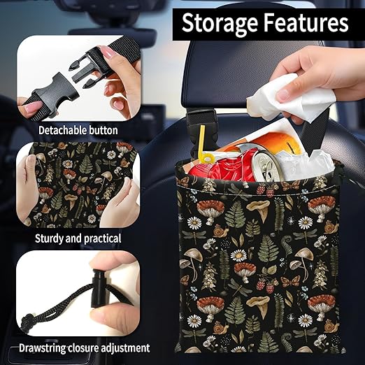 Car Trash Bag Large Hanging Can for Back of Seat, Cute Waterproof Car Garbage Bag for Vehicle, Travelling, Outdoor Cute Boho Mushroom