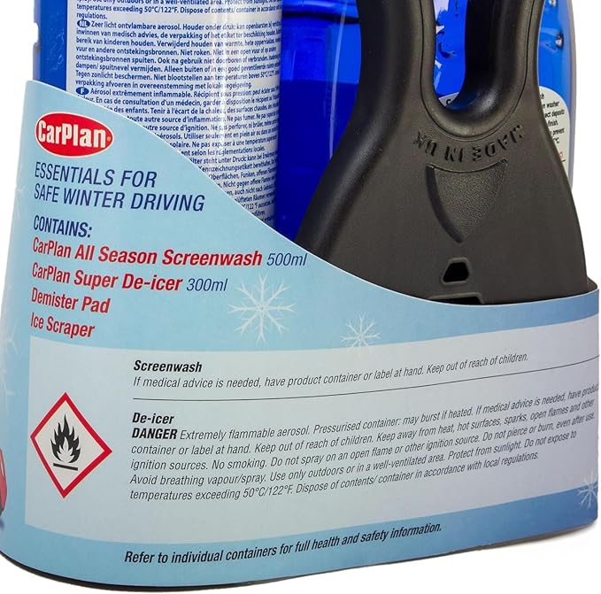 CarPlan Winter Essentials Kit, 4 Piece Set - Ice Scraper, De-Icer Spray, Windshield Washer Fluid & Window Demister Pad