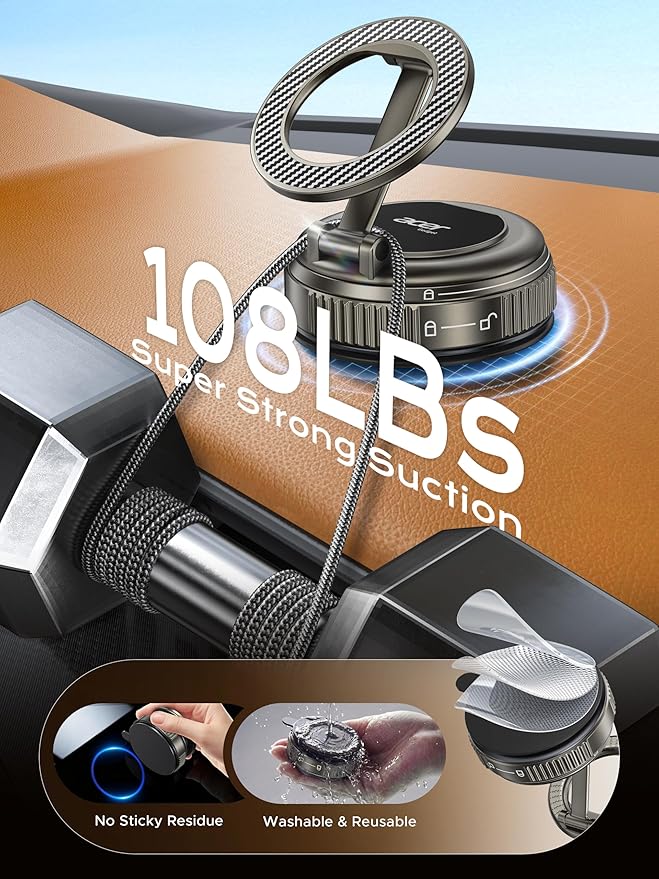 Acer Gadget Car Phone Holder 2026, Magnetic Car Phone Mount for MagSafe [Strongest 108LBS Suction & 5000gf Magnetic, Carbon Fiber] 360° Cell Phone Holders for Your Car for iPhone 17 Pro Max/16/15-Grey