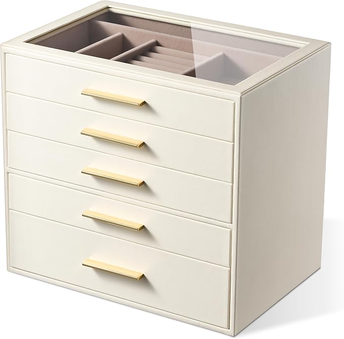 pickpiff Jewelry Box Organizer Case for Women: 5-Layer Jewelry Storage Case with Glass Window, Ivory Leather with Pink Velvet
