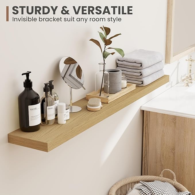 48 Inch Floating Shelves, 8 Inch Deep Floating Shelves for Wall, Hanging Shelf with Invisible Brackets, Deep Shelves for Bath