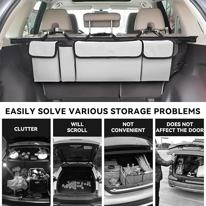 Car Trunk Organizer, Backseat Hanging Large Storage with Adjustable Straps,Waterproof PVC Collapsible Cargo Bag, Car Interior