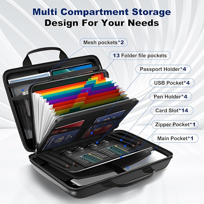 Fireproof Document Box, Hard Case Fireproof File Organizer Box with Lock and 13 Pocket Accordion File Folder, Portable Safe B