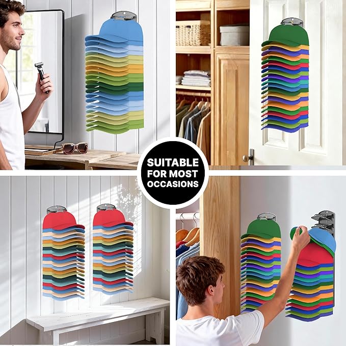 Double Capacity Hat Organizer for Baseball Caps 2 Packs - 40 Cap Storage with Spring Clips, Wall Mount Closet & Door Hat Rack