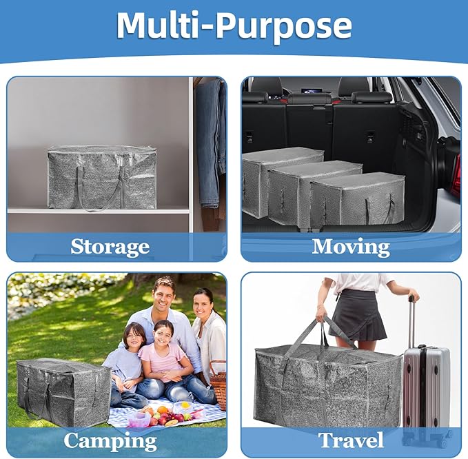 8 Pack-Extra Large Heavy Duty Moving Bags - Waterproof Storage Totes with Handles & Zippers, Foldable for College Dorm, Stora