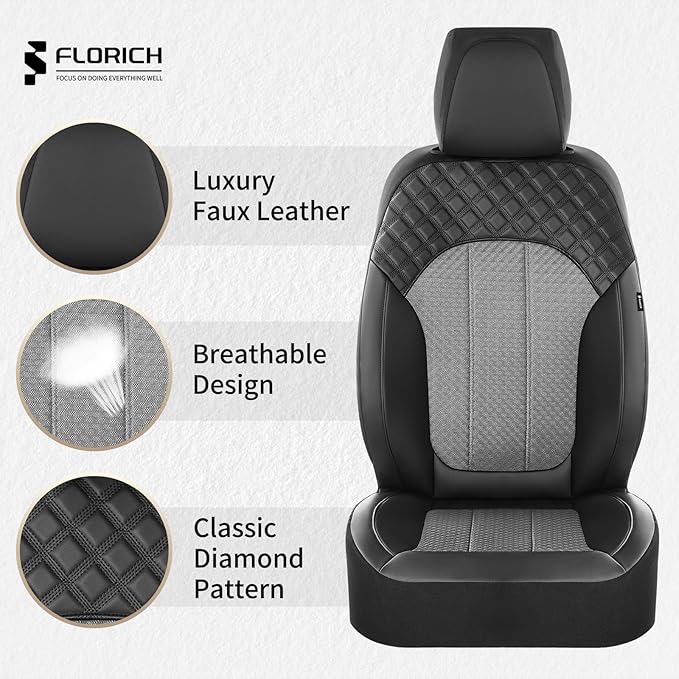 FLORICH Car Seat Covers Full Set Leather & Mesh Seat Cover 5 Seats Front and Back Car Interior Covers Automotive Seat Comfort