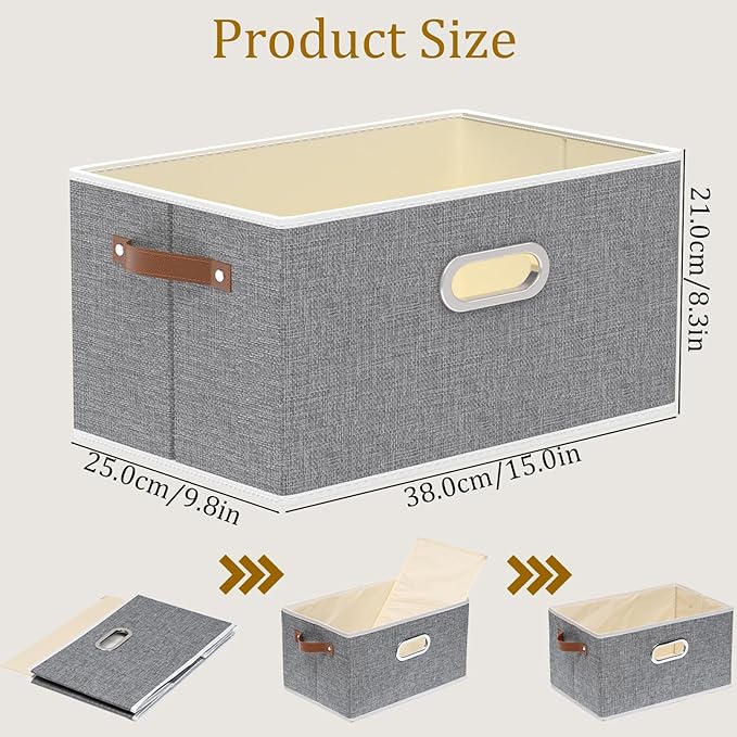 Yawinhe Foldable Storage Baskets for Shelves, Fabric Closet Organizers, Bins with 3 Handles, Cubes for Clothes, Grey, 15''Lx9