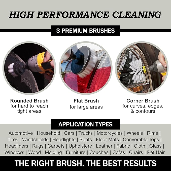 Drillbrush Car Detailing Kit | Drill Brush Set – Soft Bristle Power Scrubber Attachments for Cleaning Car Interior, Upholster