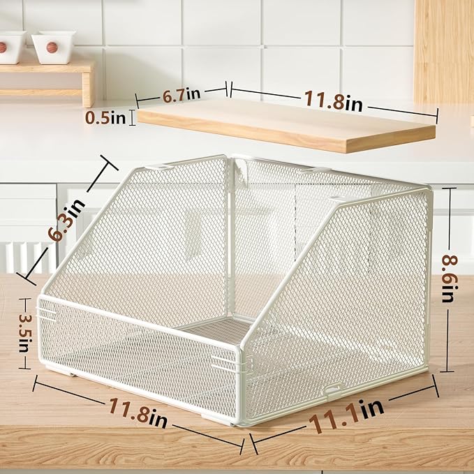 Stackable Fruit Basket for Kitchen Countertop Space Saving, Wall Mounted Mesh Metal Wire Basket with Wood Lid Extra Storage, 