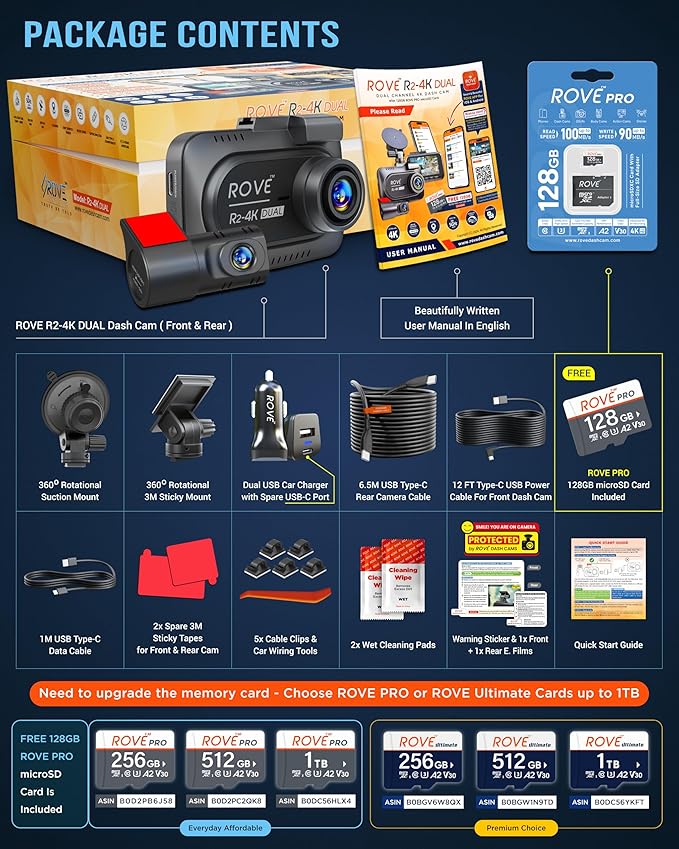 ROVE R2-4K DUAL Dash Cam Front and Rear, STARVIS 2 Sensor, FREE 128GB Card Included, 5G WiFi - up to 20MB/s Fastest Download 
