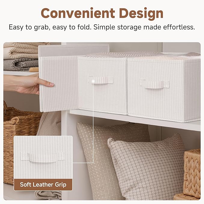 StorageWorks Foldable Shelf Organizer Bins, Closet Storage Baskets for Clothes, Fabric Storage Bins for Shelves, Beige Stripe