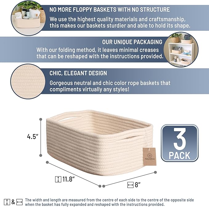 NaturalCozy 11.8"x8"x4.5” Storage Baskets for Shelves 3 Pack | Cotton Rope Woven Small Baskets for Organizing | Small Storage