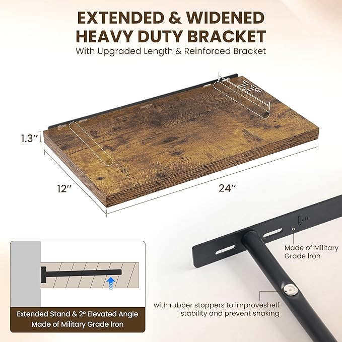 Dreamland 24" Floating Shelves for Wall, 12" Deep Slim Rustic Brown Floating Shelves, Wall-Mounted Shelves for Bedroom, Livin