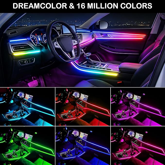 Interior Car LED Strip Lights, RGB 10 in 1 Dynamic Dreamcolor Chasing Acrylic LED Lights for Car, USB Powered Ambient Lighting Kits with Wireless APP, Sound Active Function Car Neon Lights (10 in 1)