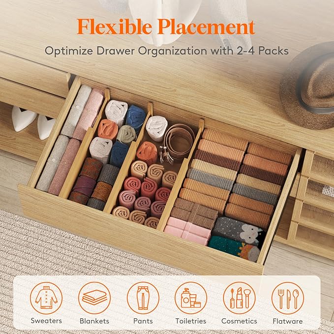 Lifewit 6" High 6 Pack Bamboo Drawer Dividers 33-42cm/13-16.5" Adjustable Wooden Drawer Organizer for Clothes/Utensils, Expan