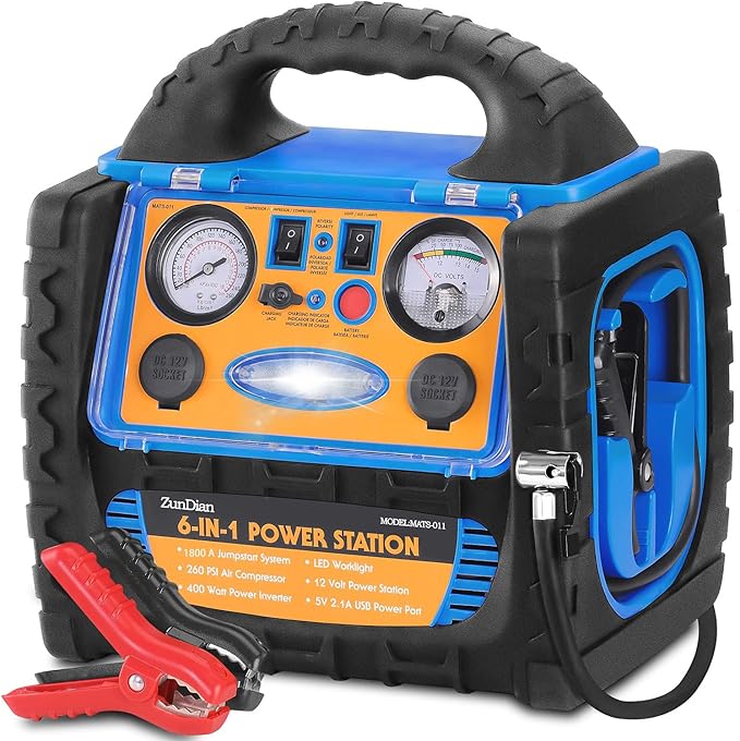 Car Jump Starter with Air Compressor, 1800A Battery Jumper Starter Portable with 260 PSI Tire Inflator, 12V Jump Box