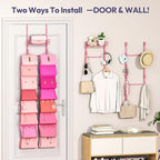 SWTYMIKI Over The Door Purse Organizer - Wall Mounted Handbag Organizer with 16 Hooks and Metal Basket, Hanging Purse Storage