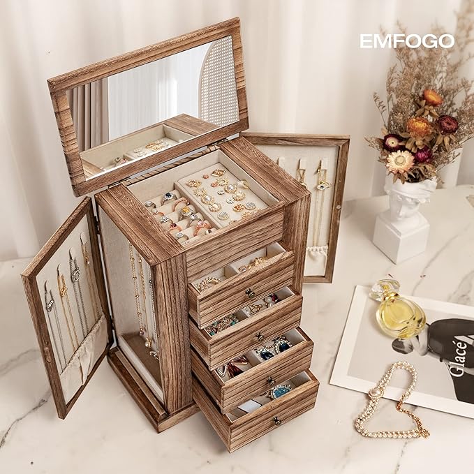 Emfogo Jewelry Box for Women, 5 Layer Large Wood Boxes & Organizers for Necklaces Earrings Rings Bracelets, Rustic Organizer 