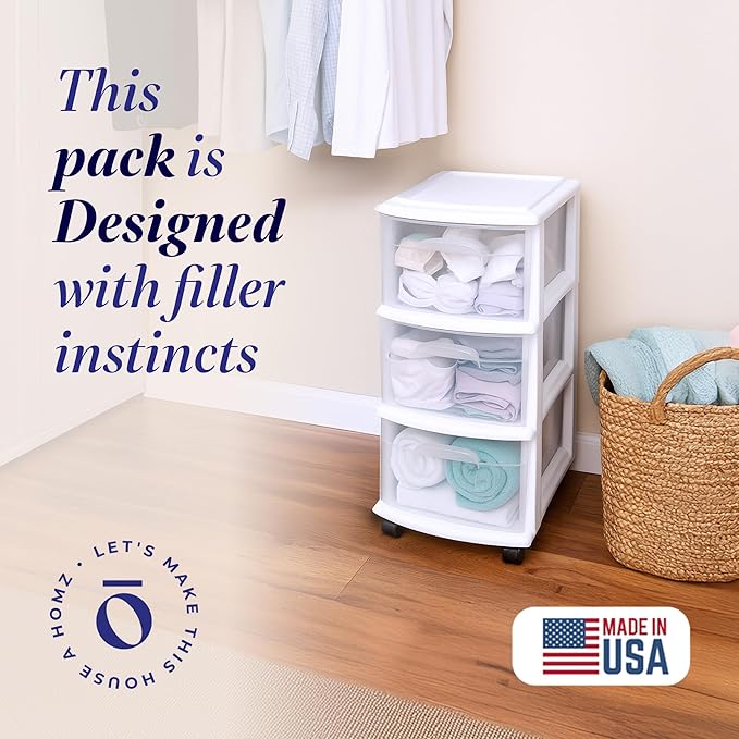 HOMZ Drawer Tower, 3-Tier Rolling Storage Cart with Removable Wheels, White Frame – Plastic Organizer with Clear Bin Drawers 