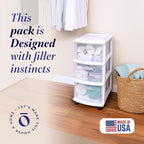 HOMZ Drawer Tower, 3-Tier Rolling Storage Cart with Removable Wheels, White Frame – Plastic Organizer with Clear Bin Drawers 