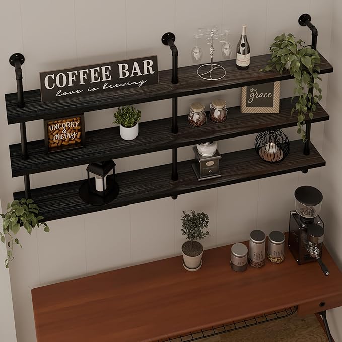 Industrial Pipe Shelving Rustic Black Pipe Wall Shelves Industrial Shelves with Wood Planks Floating Shelves 60 Inch Farmhous
