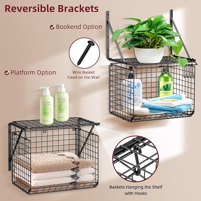 3IngSeagulls 2 Pack Laundry Room Shelves, Wire Baskets with 8 Hooks, Over Washer and Dryer Shelf, Wall Mounted Storage and Cl