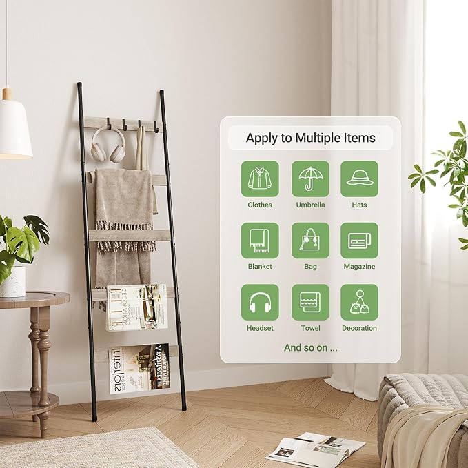 ELYKEN Blanket Ladder for Living Room, Farmhouse 5-Tier Quilt Holder with 4 Removable Hooks for Bathroom, Wood Towel Rack Dis