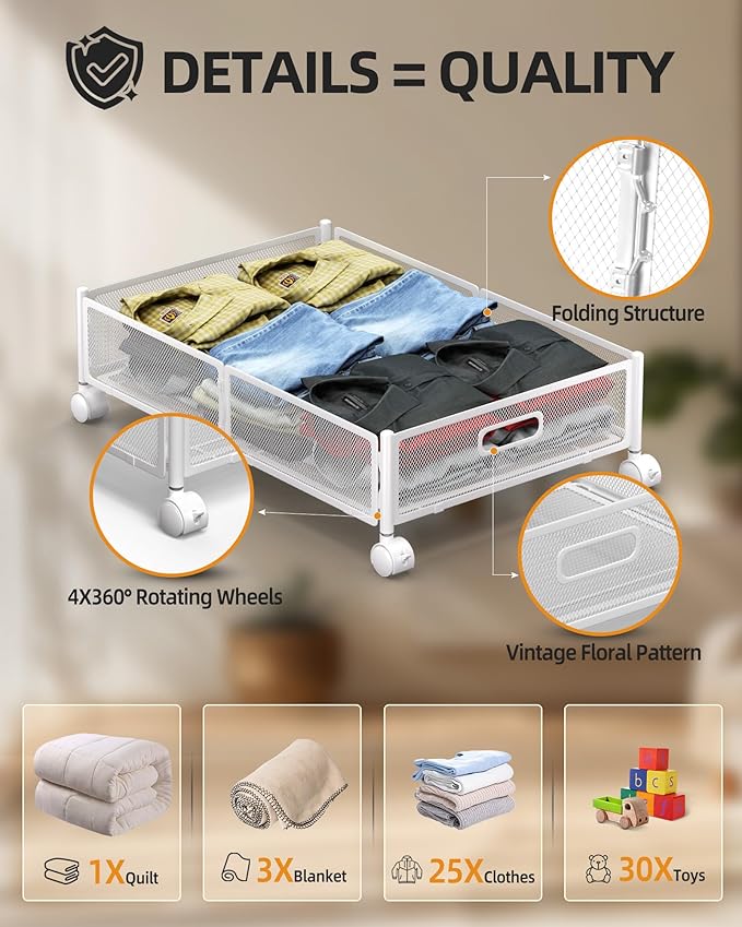 Under Bed Organizer, Storage Bins Under Bed, 60L Underbed Storage Bins for Bedroom Clothes Shoes Blankets (White, 1 Pack)