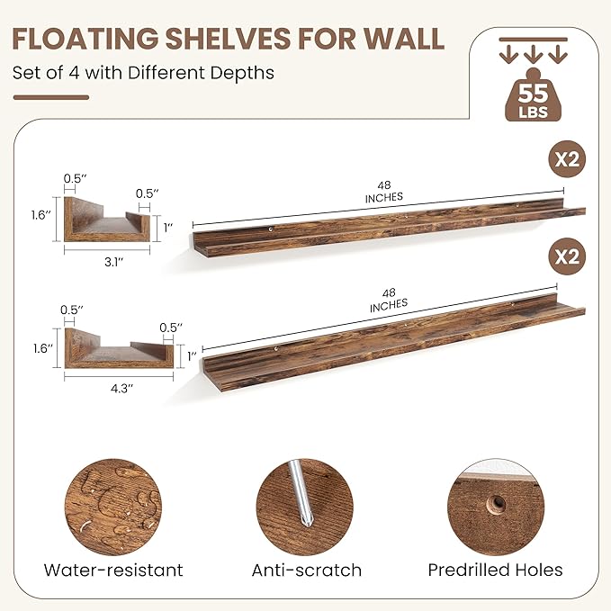 Fun Memories Picture Ledge Shelf, Floating Shelves Set of 4, 48 Inch Picture Shelves for Wall with Ledge, Large Nursery Book 