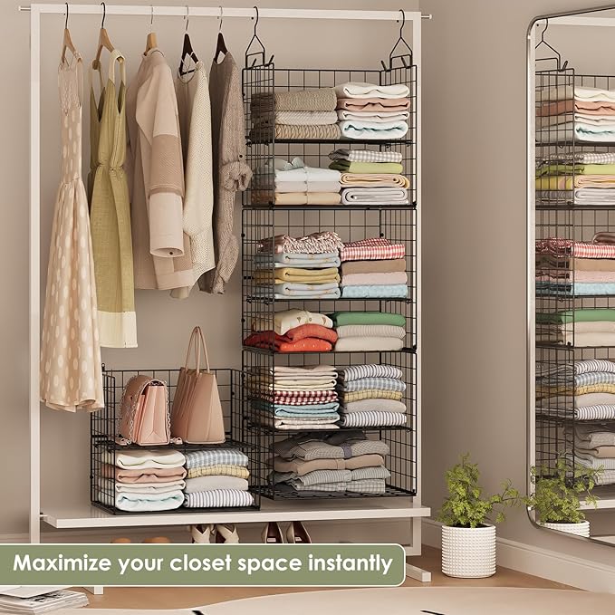 Hanging Closet Organizer and Storage - 8 Tier Closet Hanging Organizer Shelves, Metal & Foldable Hanging Storage Organizer Ba